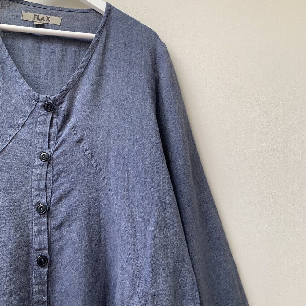 FLAX Linen Tunic Top Size Small Blue Holiday Relaxed Oversized Long Sleeves - Picture 8 of 10